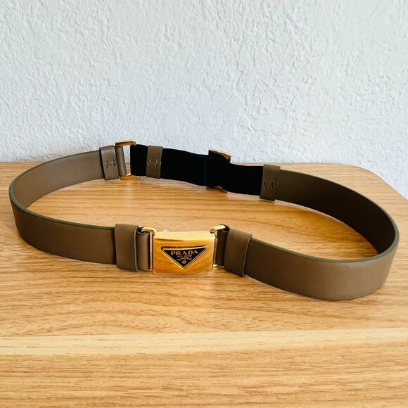 FREE SHIP Auth PRADA Khaki Light Brown Tan Leather Belt with Gold Logo Buckle - Picture 3 of 4
